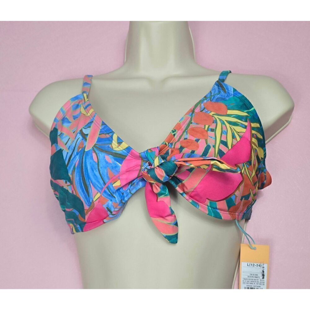 Kona Sol Tropical Print Tie Front Bikini Top Small